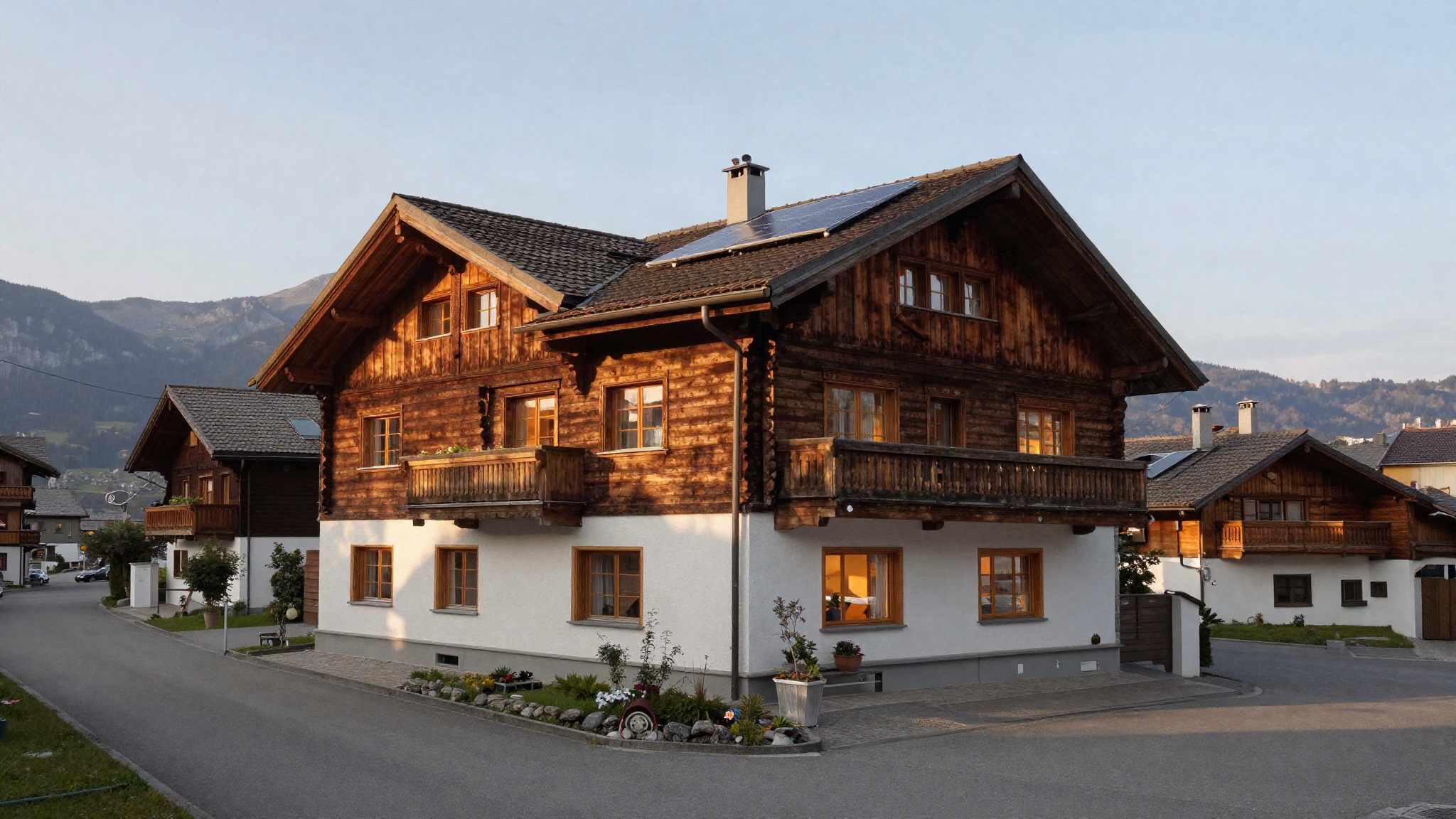 Mehrfamilienhaus im traditionellen Holzbaustil in einem Bergdorf im Morgenlicht – der Ausgangspunkt jeder Gebäudeanalyse