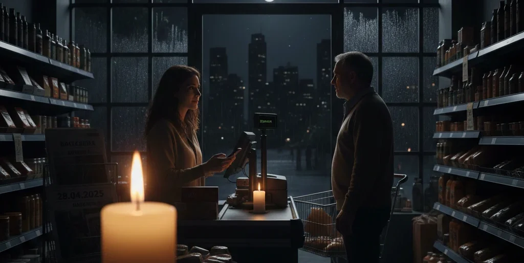 Blackout in Spanien und Portugal am 28. April 2025: Symbolbild eines stromlosen Geschäfts zur Veranschaulichung der notwendigen Lehren für die Energieversorgung