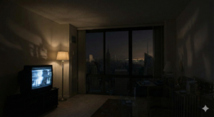Innenansicht eines Wohnzimmers während eines Brownouts (Spannungsabfall). Eine Stehlampe leuchtet schwach und flackert, während der Fernseher ein stark gestörtes Bild mit statischem Rauschen anzeigt. Durch das große Fenster ist die dunkle Stadt aus dem Blackout-Bild im Hintergrund zu sehen.