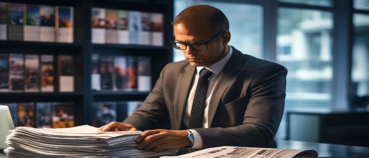 Mann mit Brille sitzt an einem Tisch mit Zeitschriften vor sich