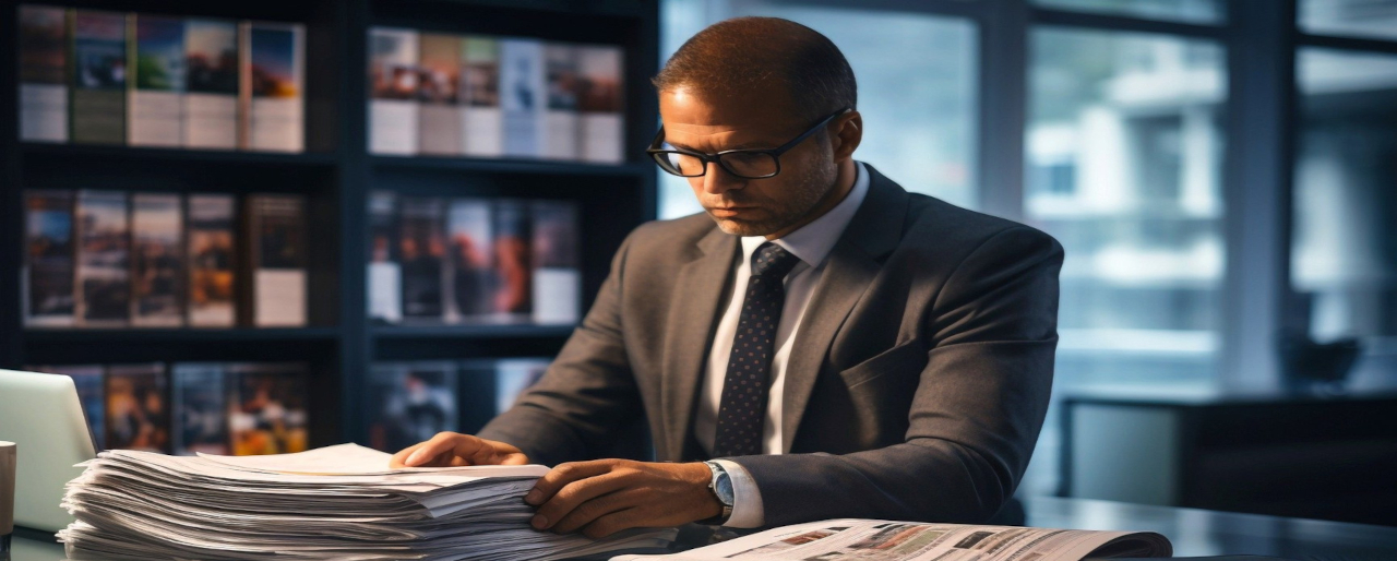 Mann mit Brille sitzt an einem Tisch mit Zeitschriften vor sich